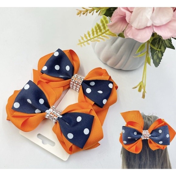 2 Hair Bow Clip Hairpin For Girls Orange And Blue Polka Dots 4x5 Inch - Picture 1 of 11